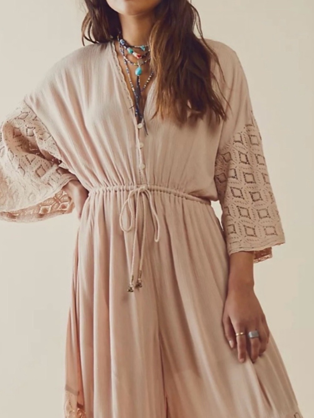 Free People Angela Wide Leg Flare Boho Pant Jumpsuit Crochet Blush Pink Sz Med - Picture 4 of 8